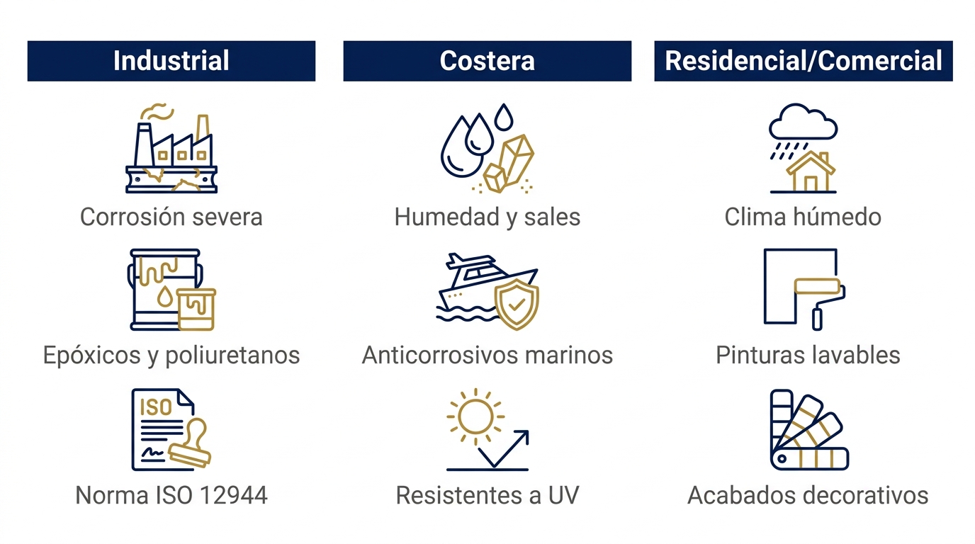 Infografía de tres columnas mostrando necesidades de recubrimientos para entornos industrial, costero y residencial/comercial en Maracaibo, con íconos de línea en azul marino y acentos dorados.