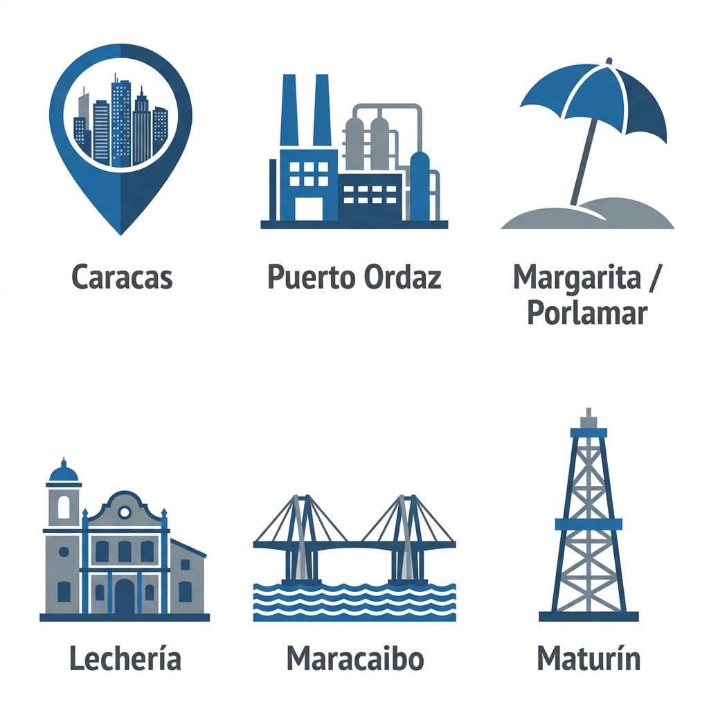 Iconos de mapa de pines, fábrica, sombrilla de playa, edificio colonial, puente y torre de petróleo con etiquetas de ciudades venezolanas