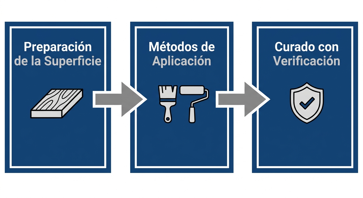 Diagrama de flujo horizontal de tres pasos para aplicar barniz dieléctrico en motores eléctricos: preparación de la superficie, métodos de aplicación y curado con verificación.