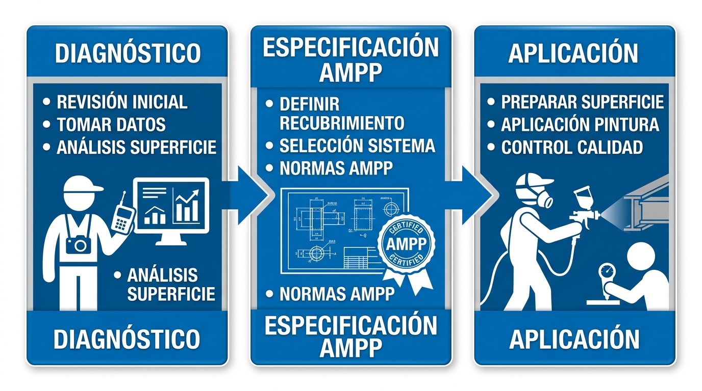 Diagrama del proceso de trabajo de El Mundo del Color con tres etapas: Diagnóstico, Especificación y Aplicación, utilizando colores corporativos.