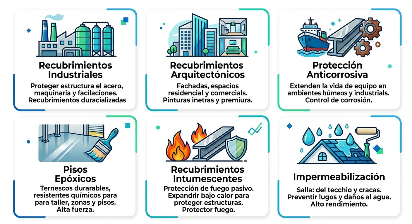 Infografía de cuadrícula con seis tarjetas de servicio de pintura: recubrimientos industriales, arquitectónicos, anticorrosivos, epóxicos, intumescentes e impermeabilización, usando colores azul y verde sobre fondo blanco.