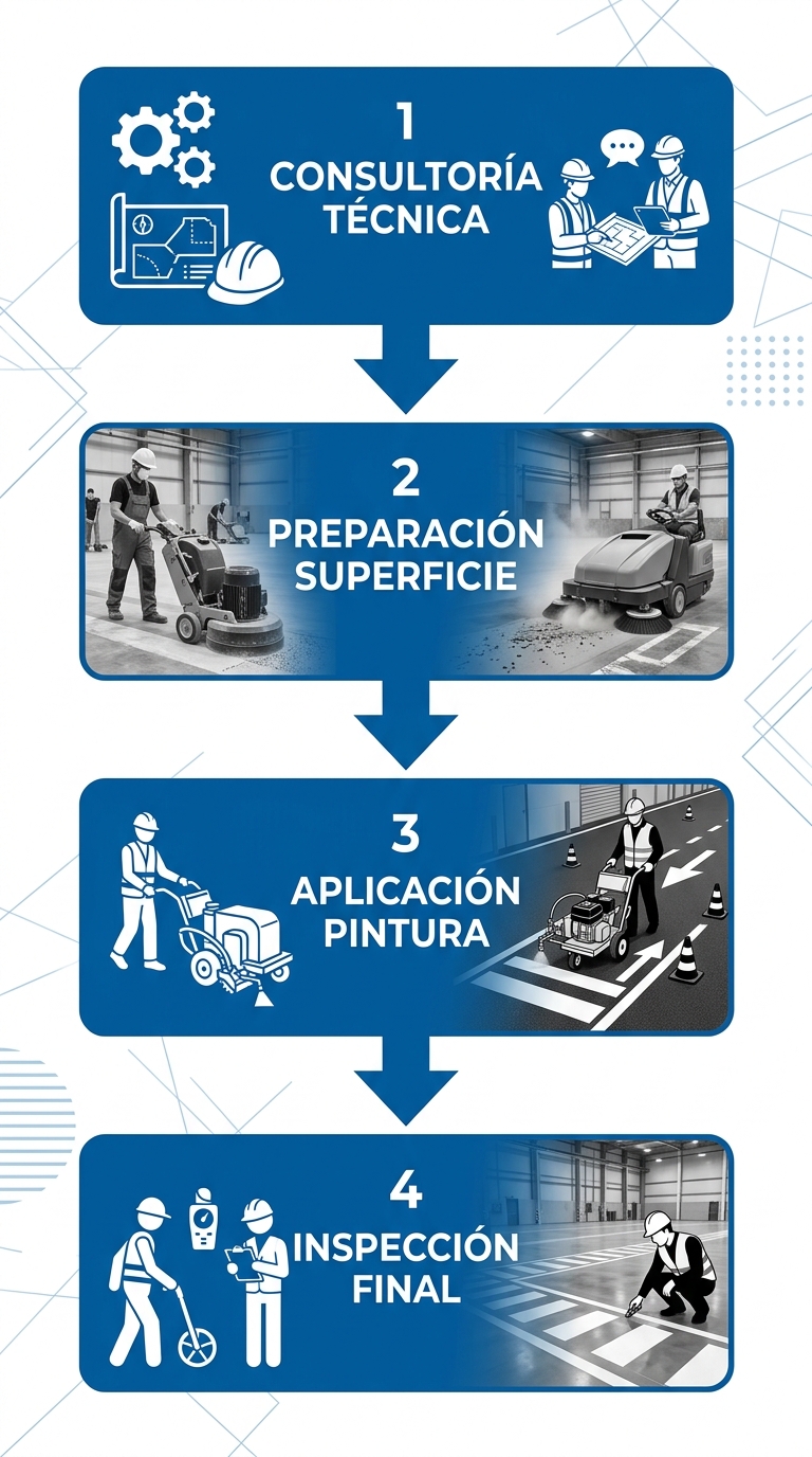 Diagrama de flujo vertical del servicio de demarcación vial industrial con cuatro etapas: consultoría técnica, preparación de superficie, aplicación de pintura e inspección final.