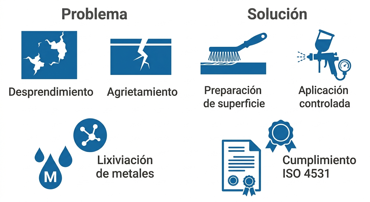 Iconos planos con problemas y soluciones para recubrimientos alimentarios: desprendimiento, agrietamiento, lixiviación de metales, preparación de superficie, aplicación controlada y cumplimiento ISO 4531.