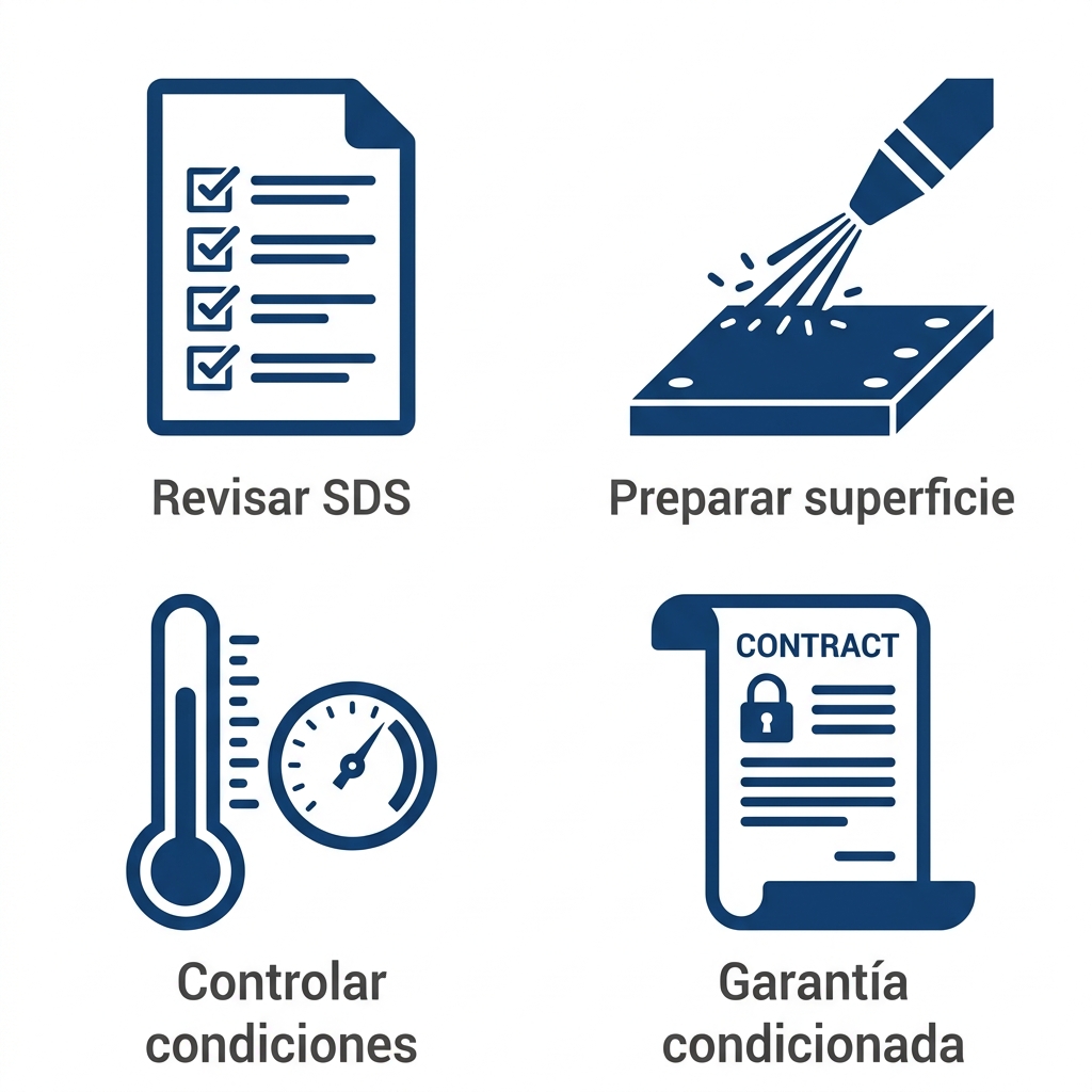 Iconos planos en azul marino sobre fondo blanco que representan revisar SDS, preparar superficie, controlar condiciones y garantía condicionada.