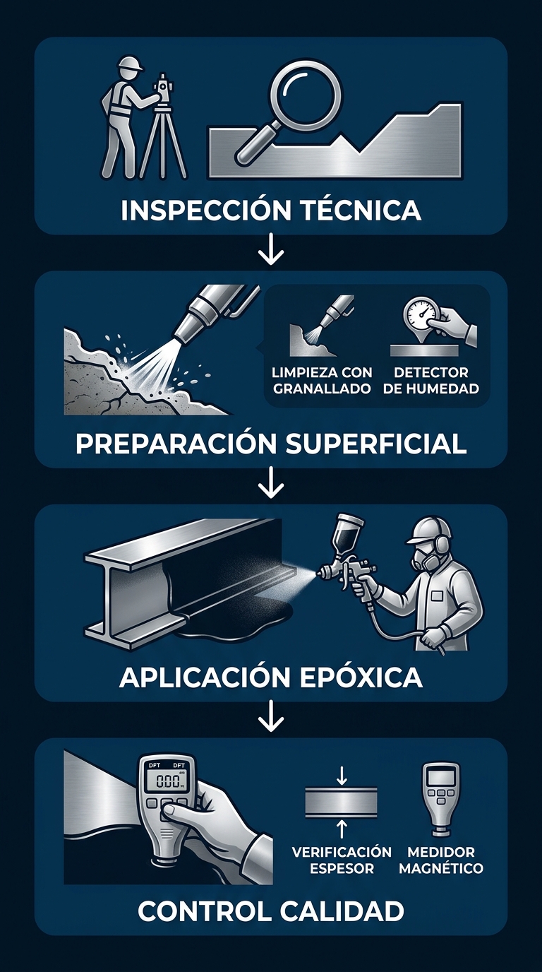 Diagrama de flujo vertical del servicio integral de recubrimiento de tanques, mostrando cuatro etapas: inspección técnica, preparación superficial, aplicación epóxica y control de calidad.